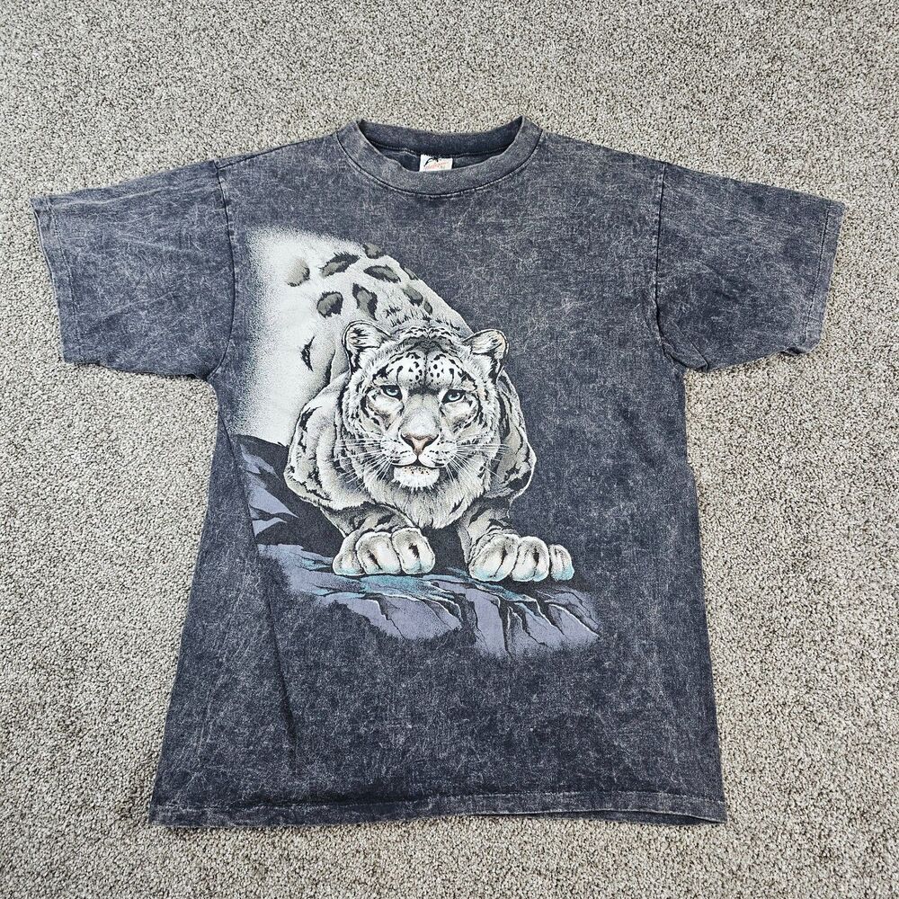 Vintage White Tiger Shirt Mens Large Gray Tie Dye Single Stitch USA Made